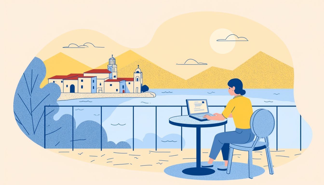 Hero image for blog: a remote professional working on a laptop at a lakeside cafe overlooking Lake Ohrid (Ohrid, North Macedonia), with historic Old Town and mountains in the background at golden hour...
